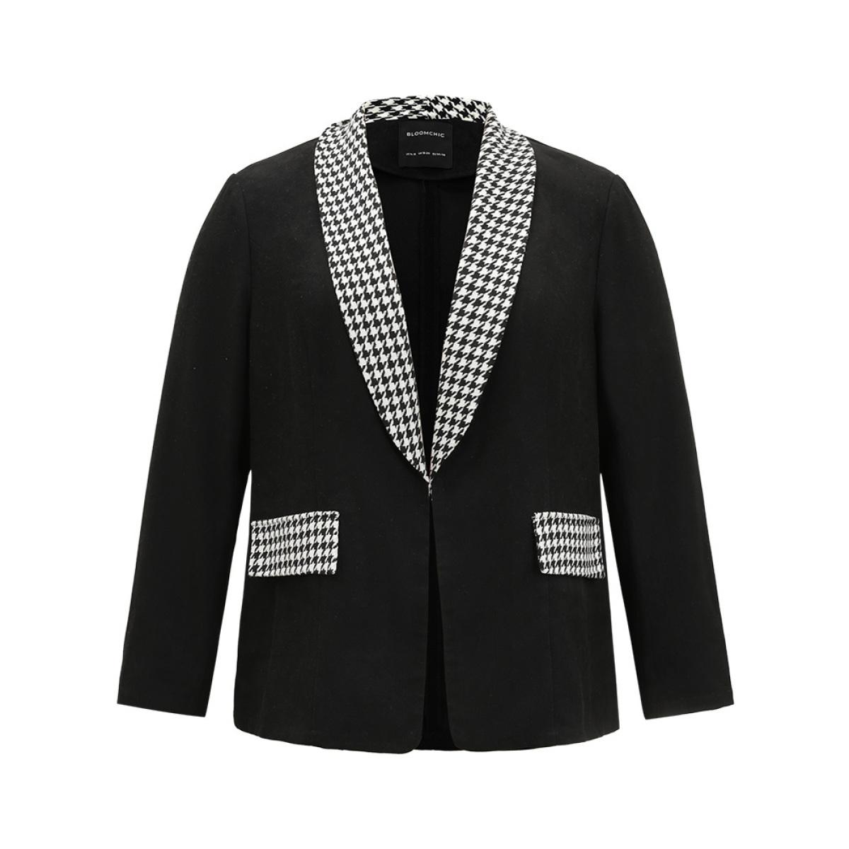 Plus Size Houndstooth Patchwork Contrast Twill Lapel Collar Blazer Black Women Dailywear Houndstooth Contrast Sleeve Long Sleeve Lapel Collar 12/L Casual Blazers BloomChic Product Image