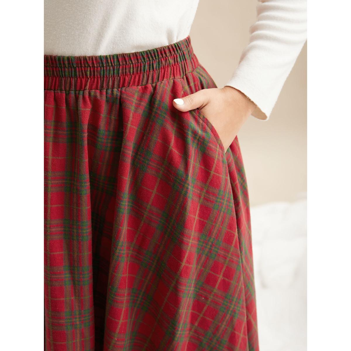Plus Size Plaid Pattern Asymmetrical Hemline Midi Skirt Women Crimson Elegant Asymmetrical Loose No stretch Slanted pocket Everyday Skirts BloomChic 30/6X Product Image