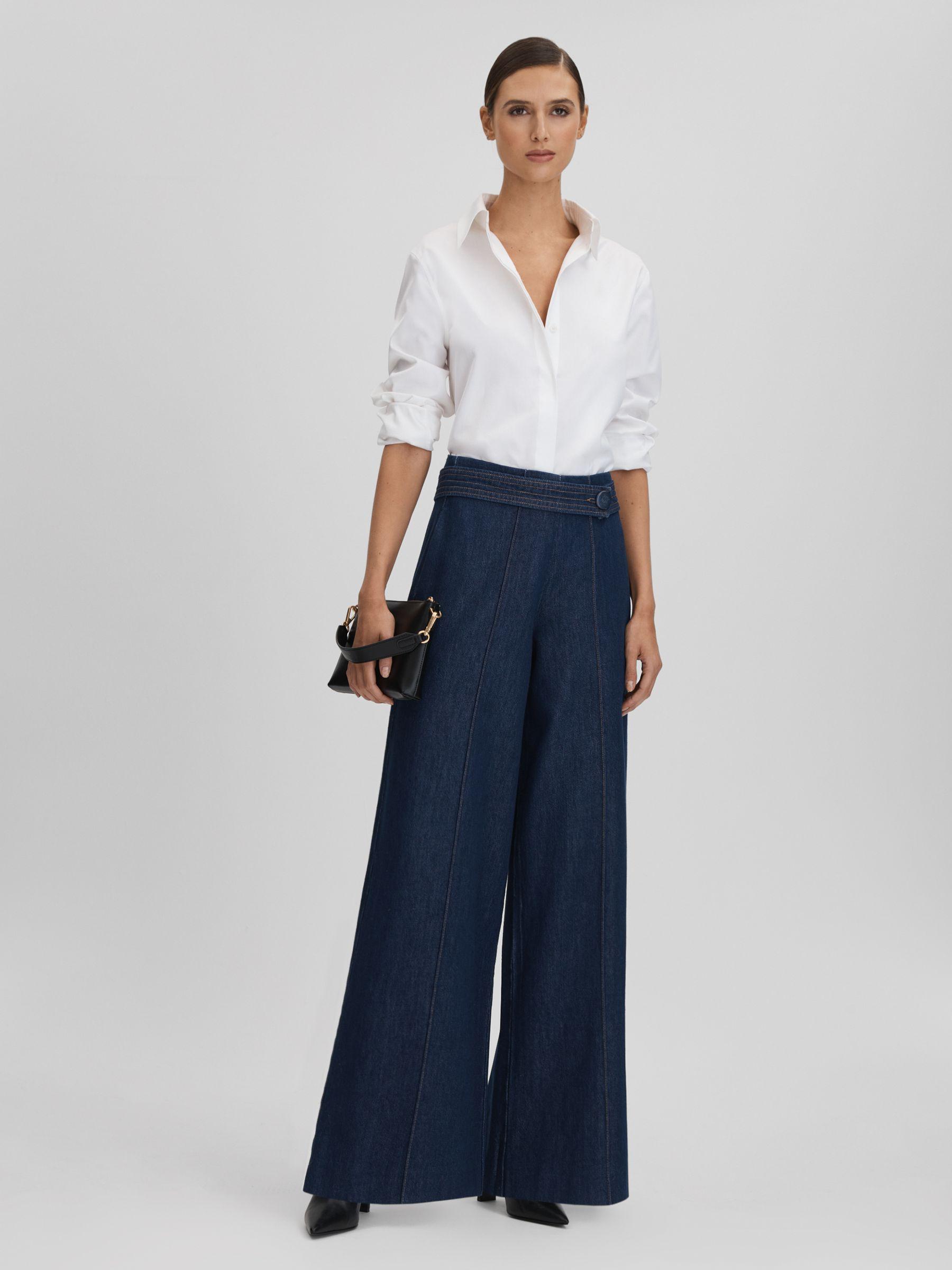 Belted Wide Leg Jeans in Dark Blue Product Image