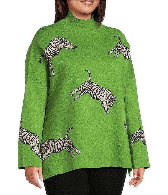 Ali Miles Plus Size Tiger Jacquard Print Mock Neck 3/4 Sleeve Popover Sweater Product Image