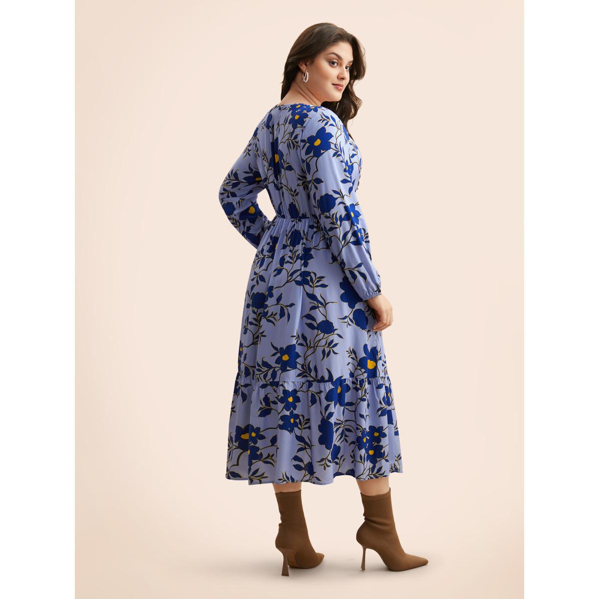 Plus Size Square Neck Floral Patchwork Ruffle Hem Dress Skyblue Women Elegant Non Square Neck Long Sleeve Curvy BloomChic 10/M Product Image