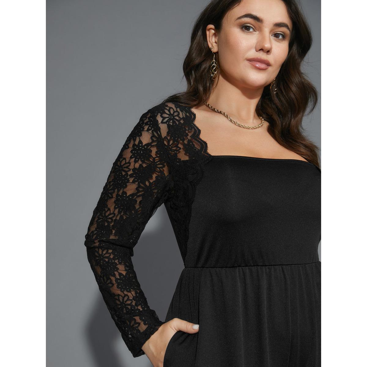 Plus Size Black Lace Mesh Sleeves Square Neck Jumpsuit Women Cocktail Long Sleeve Square Neck Party Loose Jumpsuits BloomChic 18-20/2X Product Image