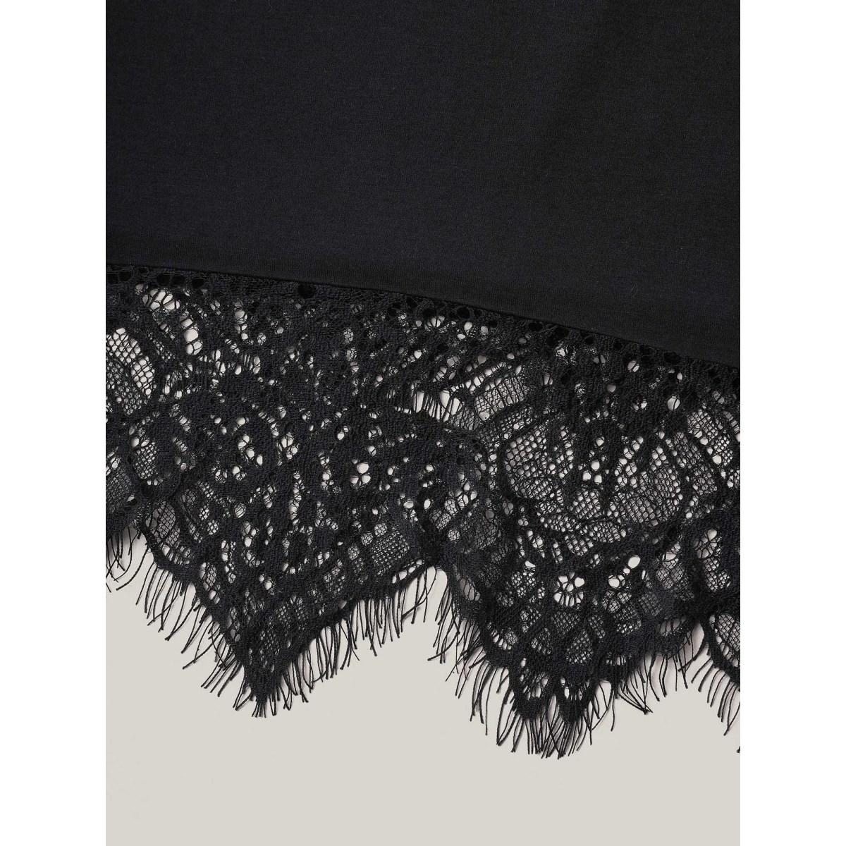 Plus Size Lace Trim Round Neck Casual T-Shirt Black Women Elegant Patchwork Round Neck Loose Everyday T-shirts BloomChic 14-16/1X Product Image