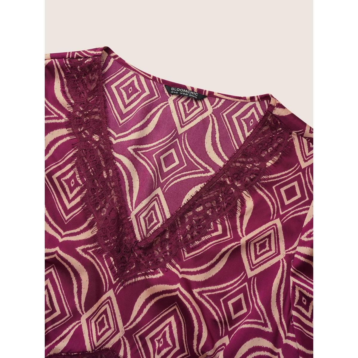 Plus Size Geometric Lace Panel Patchwork Elastic Waist Dress RedViolet Women Resort Non V-neck Elbow-length sleeve Curvy Midi Dress BloomChic 14-16/1X Product Image