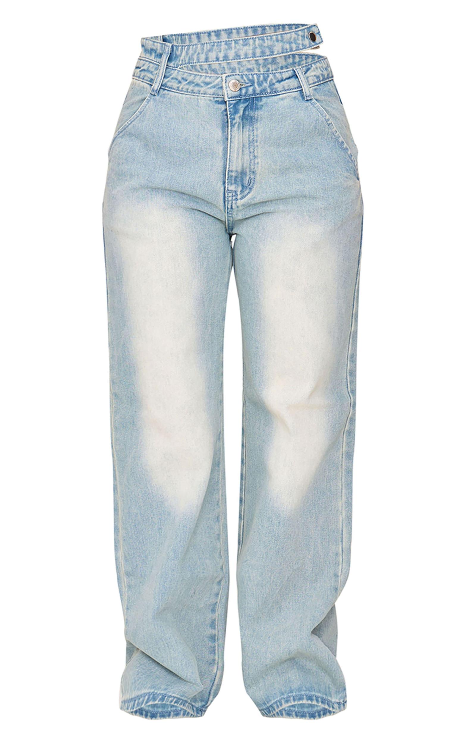 Petite Vintage Bleach Wash Denim Double Waistband Wide Leg Jeans Product Image
