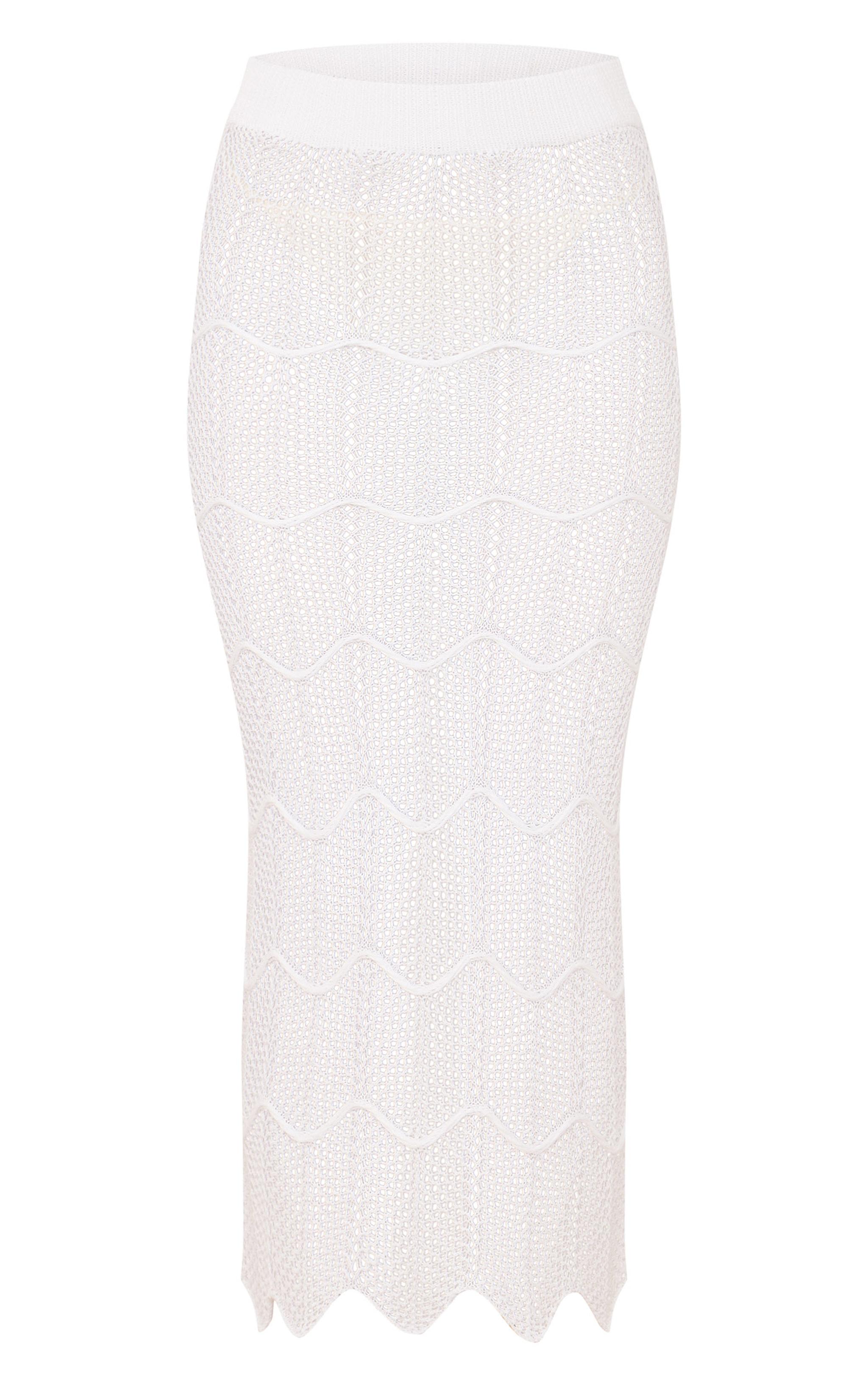 White Crochet Wave Knit Scallop Hem Maxi Skirt Product Image