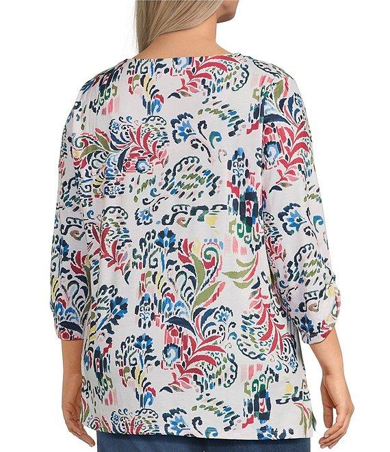 Allison Daley Plus Flowery Ikat 3/4 Sleeve Split Round Neck Lace Detail Knit Top Product Image