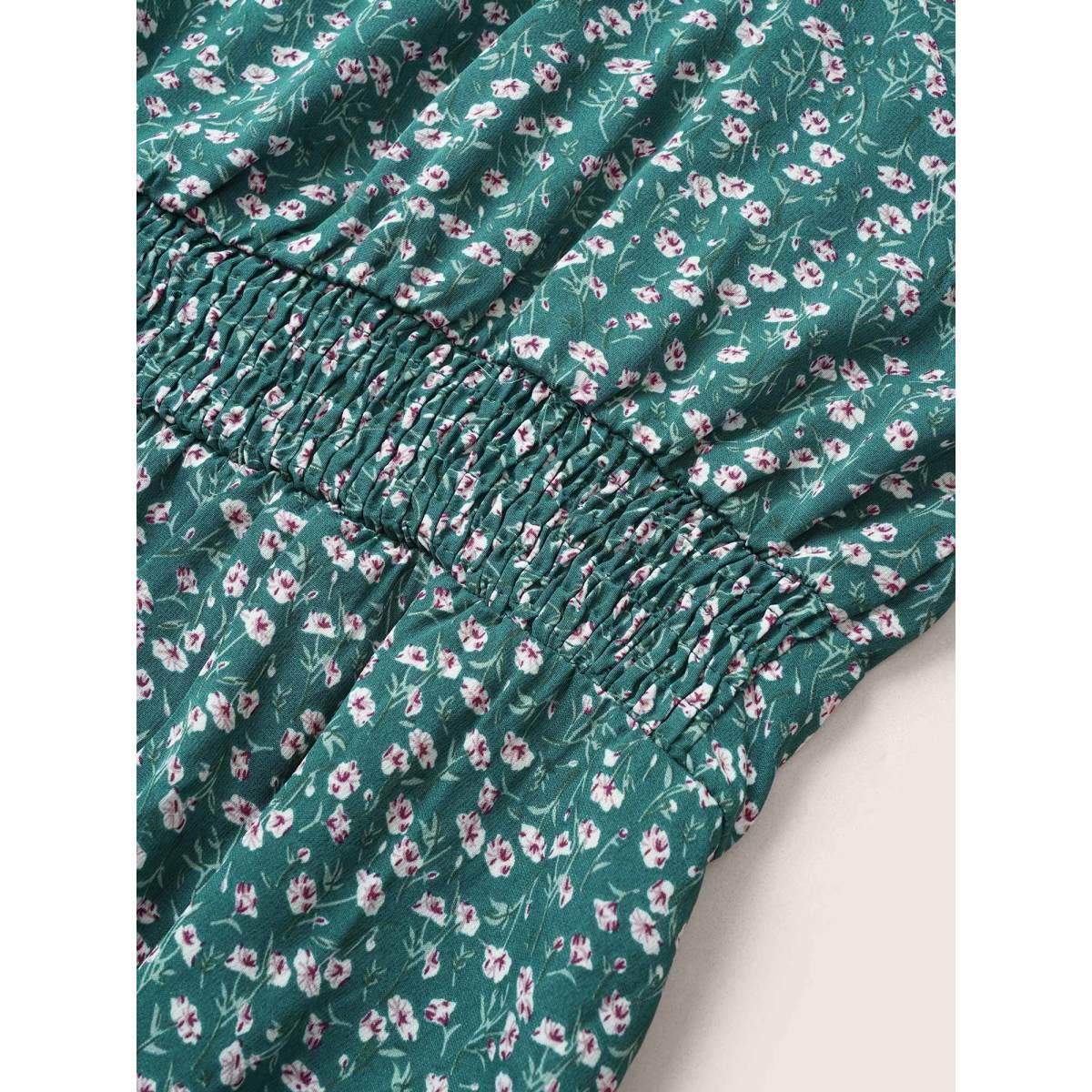 Plus Size Ditsy Floral Shirred Elastic Waist Split Hem Dress Teal Women Elegant Non Cap Sleeve Curvy Midi Dress BloomChic 28/5X Product Image