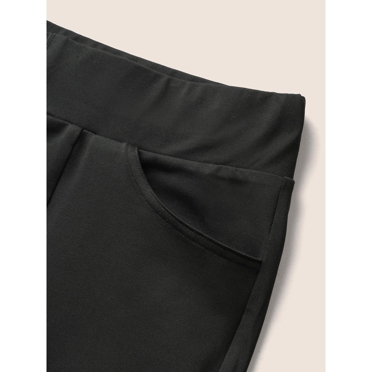 Plus Size Solid Metal Chain Detail Pocket High Rise Leggings Women Black At the Office High stretch Skinny High Rise Office Leggings BloomChic 22-24/3X Product Image