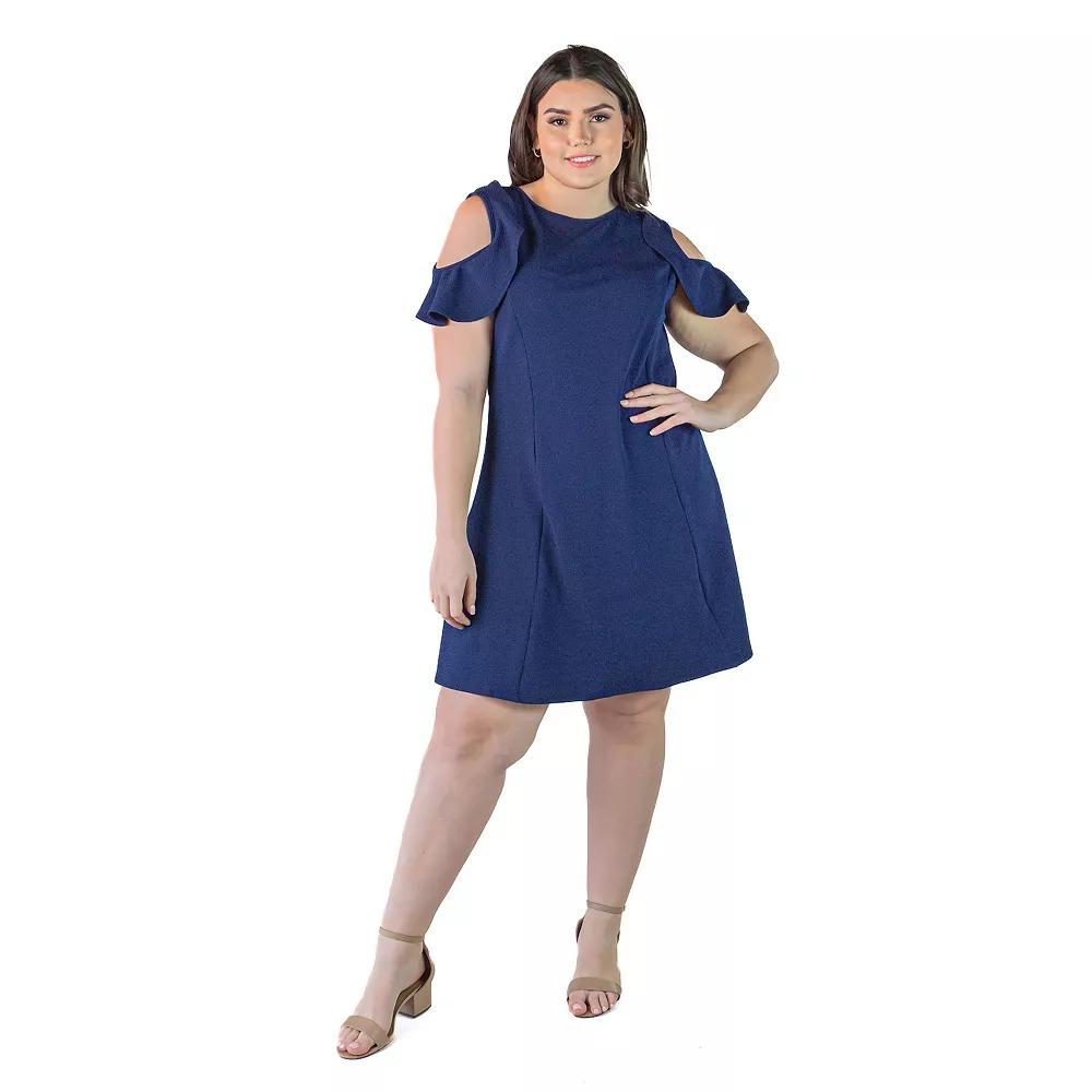 Plus Size 24Seven Comfort Apparel Ruffle Cold Shoulder A-Line Dress, Women's, Size: 2XL, Blue Product Image