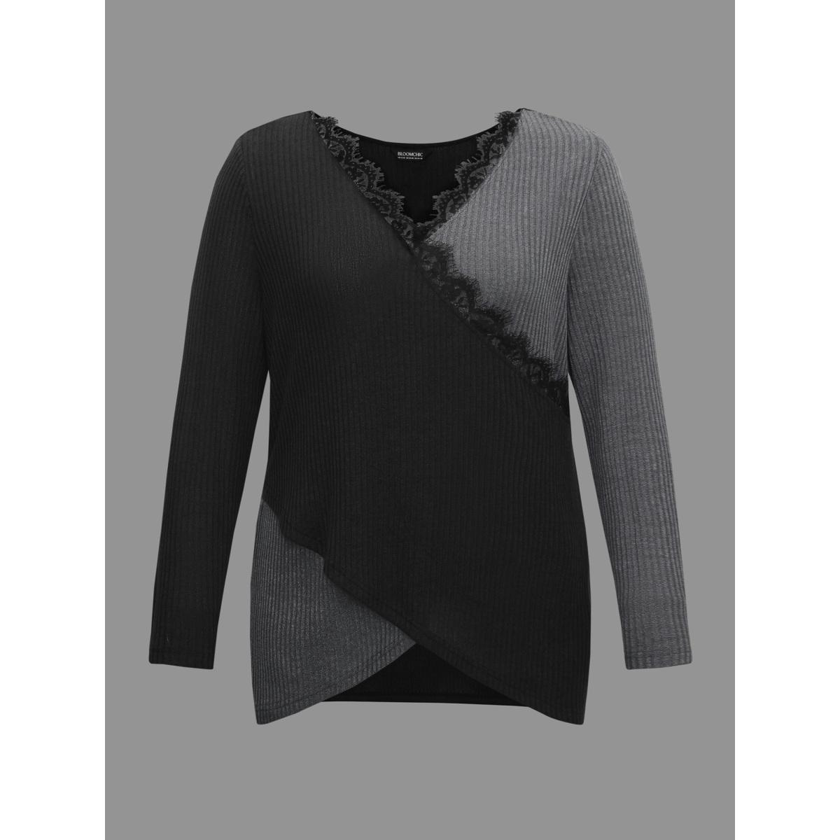 Plus Size Overlap Collar Lace Trim Stitch T-Shirt Black Women Timeless Overlapping V-neck Bodycon Elegant T-shirts BloomChic 18-20/2X Product Image