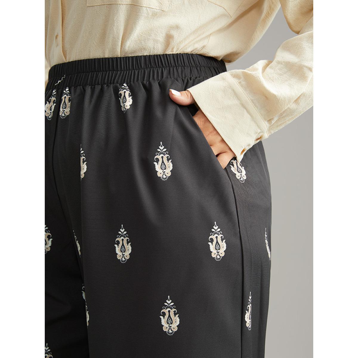 Plus Size Paisley High Rise Elastic Waist Pants Women Black Resort Wide Leg High Rise Vacation Pants BloomChic 30/6X Product Image