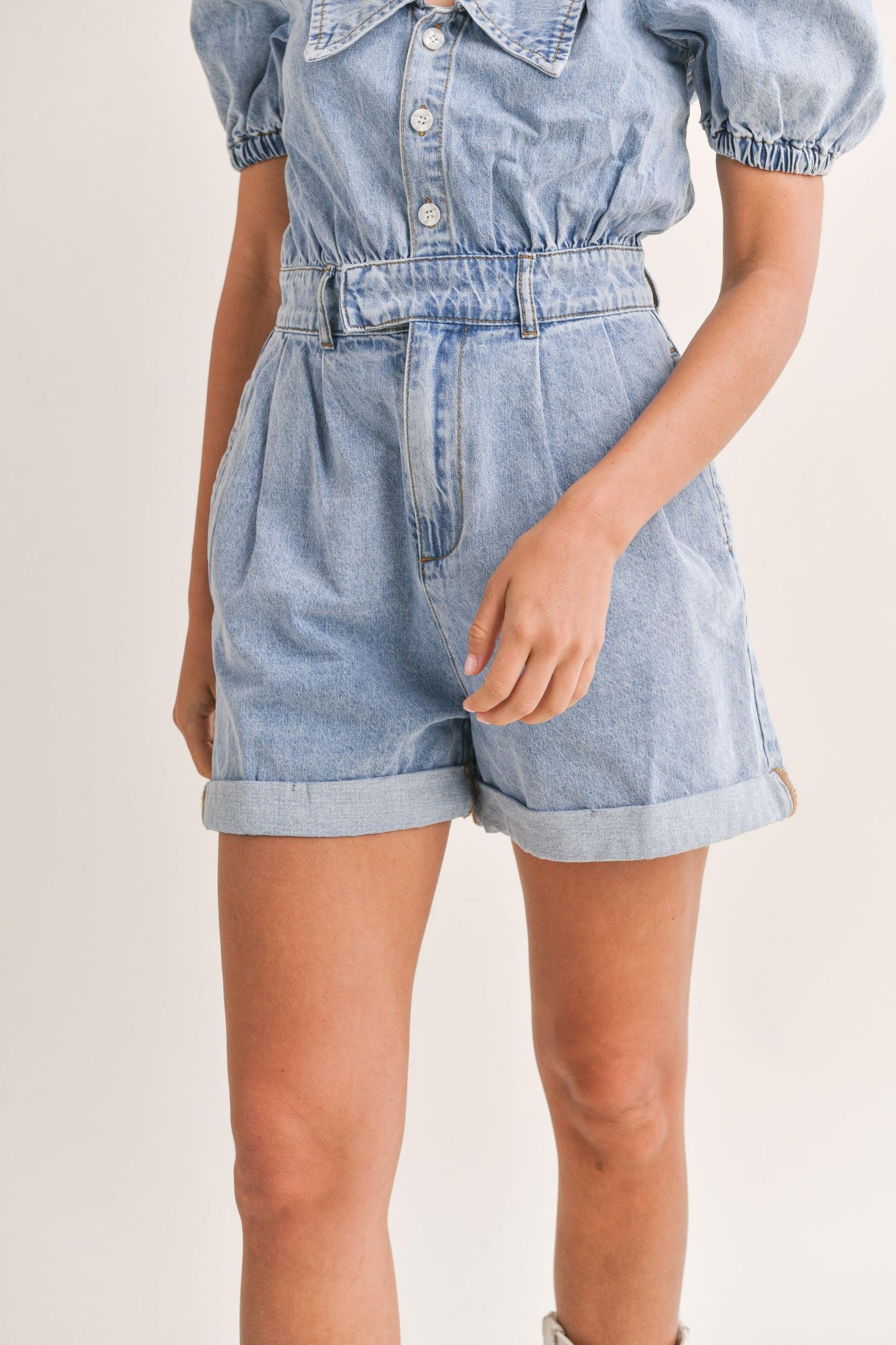 Cute Collared Puff Sleeve Denim Romper Product Image
