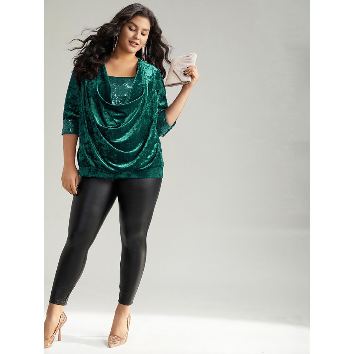 Plus Size Emerald Cowl Neck 2-In-1 Sequin Patchwork Blouse Women Party&Cocktail Elbow-length sleeve Cowl Neck Party Blouses BloomChic 18-20/2X Product Image