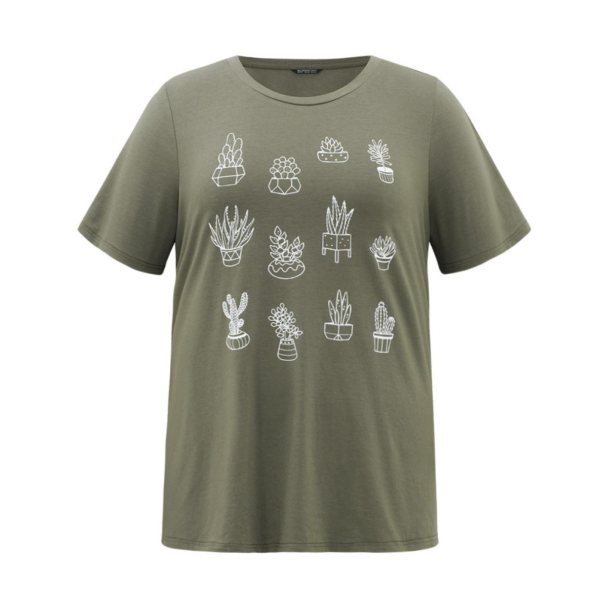 Plus Size Plants Print Round Neck T-shirt ArmyGreen Women Casual Printed Natural Flowers Dailywear T-shirts BloomChic 22-24/3X Product Image