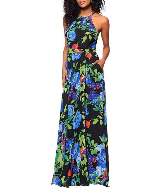 Betsy & Adam Chiffon Floral Print Halter Neck Sleeveless Blouson Gown Product Image
