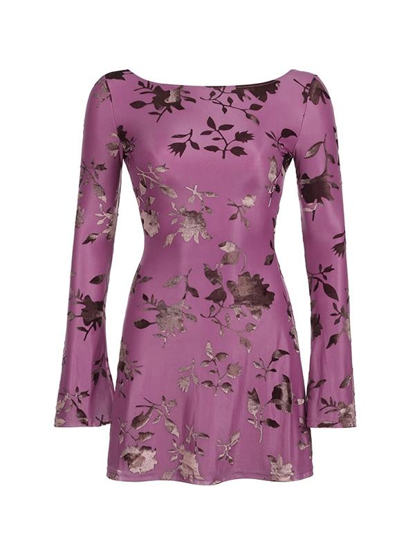 Large Backless Printed Long Sleeves Mini Dress Product Image