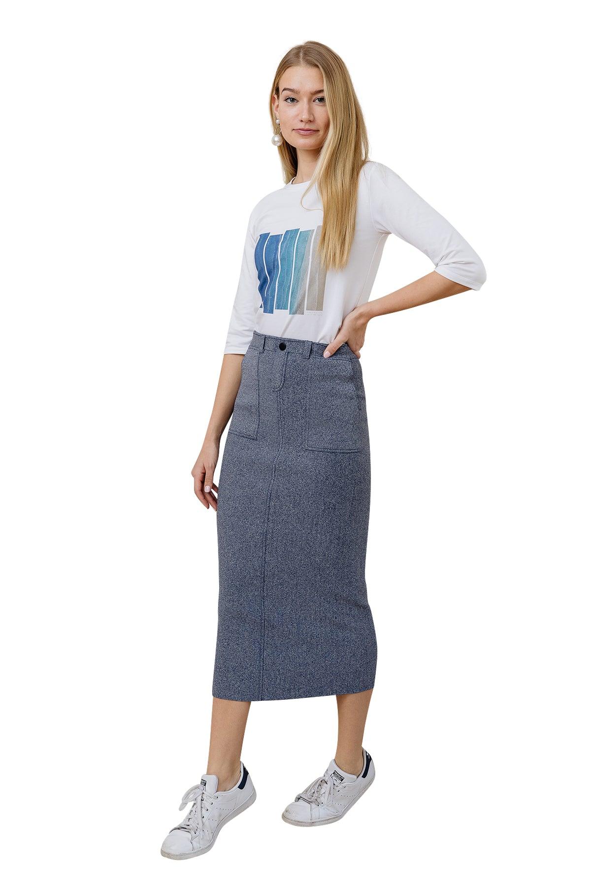 Apparalel Denim Knit Midi Pencil Skirt Product Image