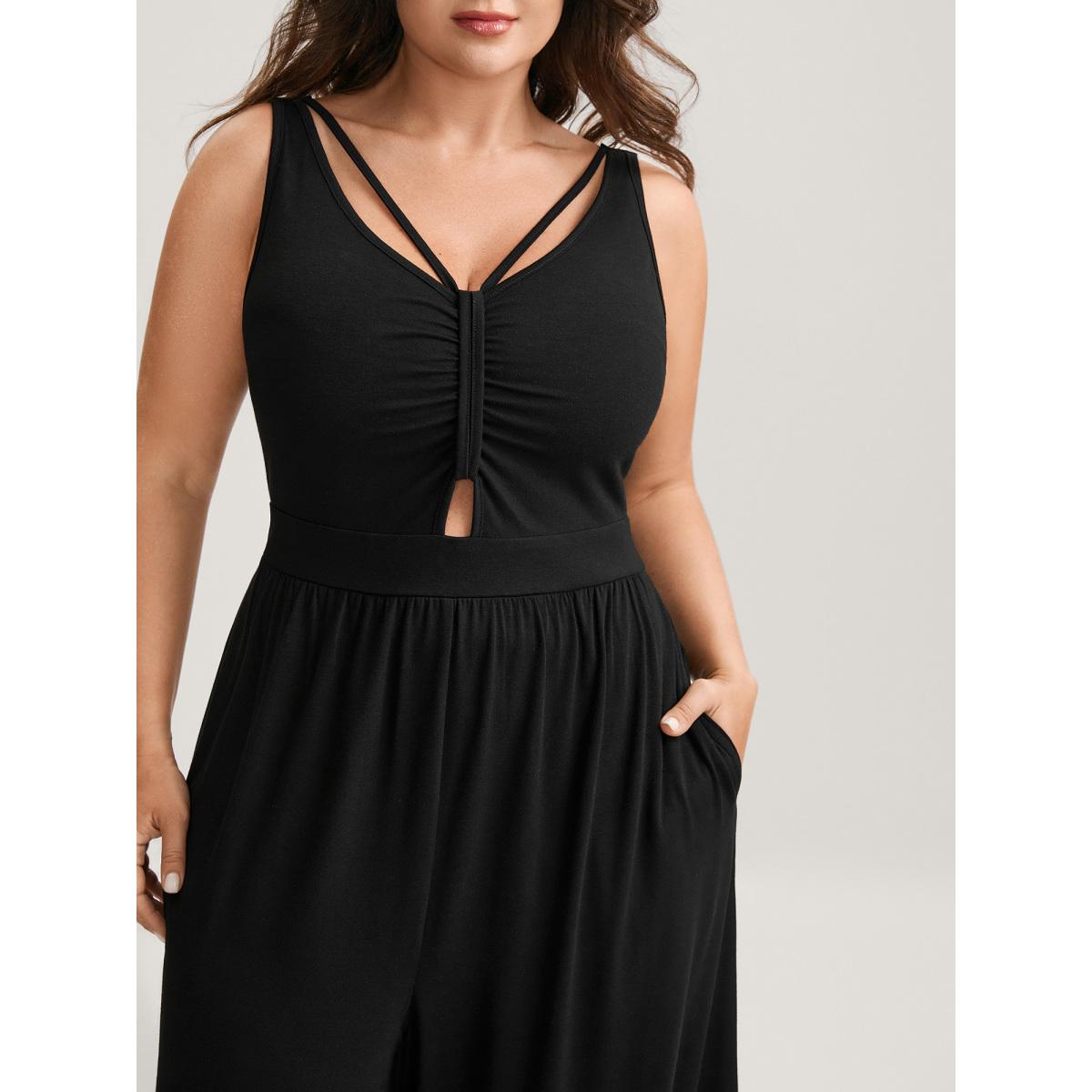 Plus Size Black Shirred Ruched Cut-Out Jumpsuit Women Sleeveless V-neck Everyday-Casual Loose Jumpsuits BloomChic 10/M Product Image