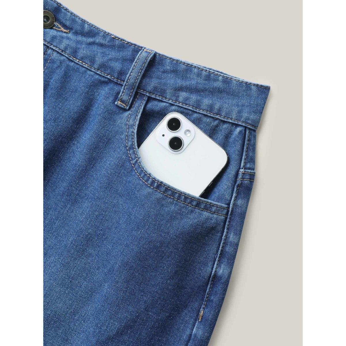 Plus Size A-Line Seamed Maxi Denim Skirt Women Midblue Elegant No stretch Medium Wash 20/2X Slanted pocket Denim Skirts BloomChic Product Image