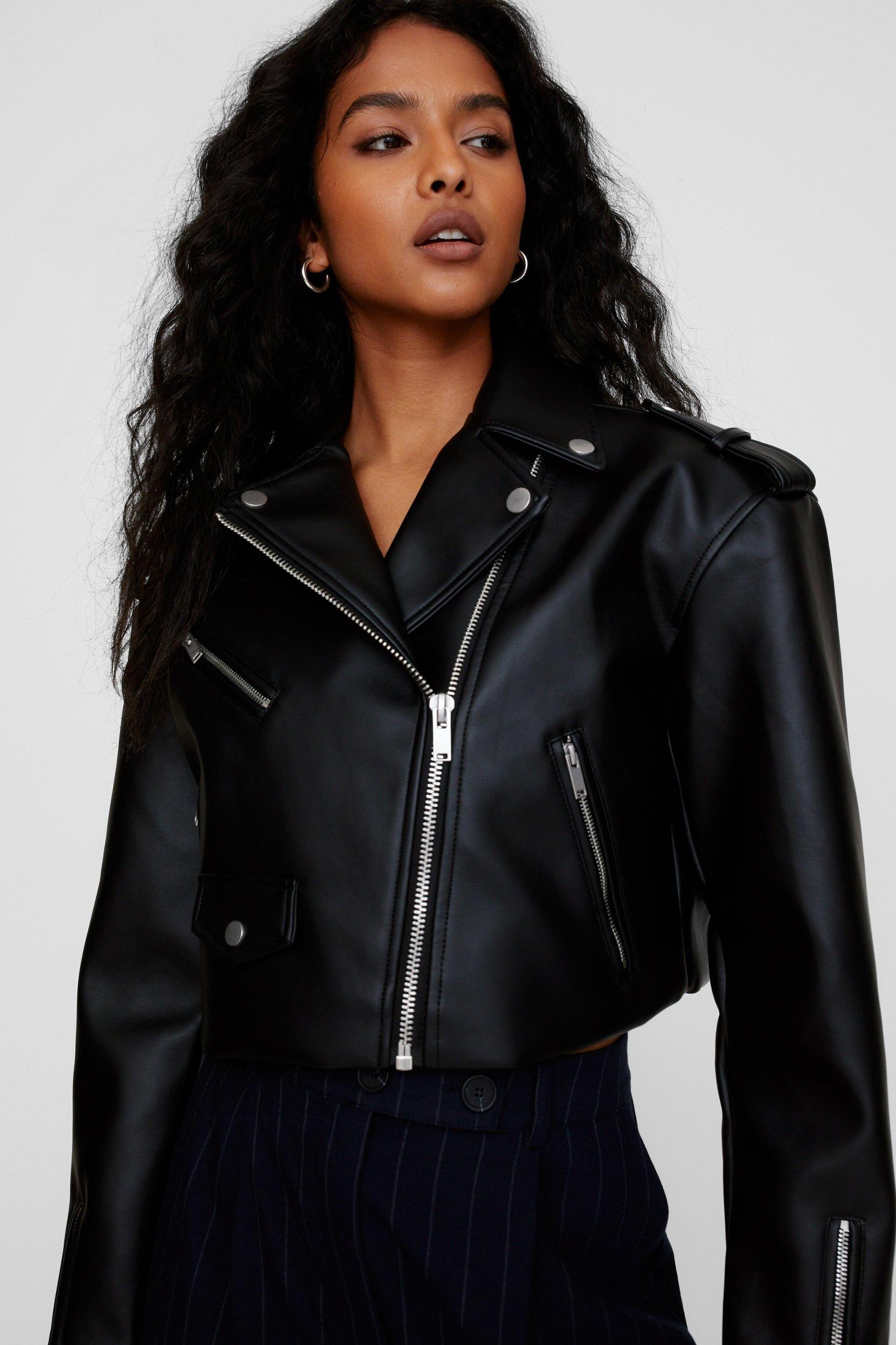 Essentials Cropped Faux Leather Boxy Biker  Product Image