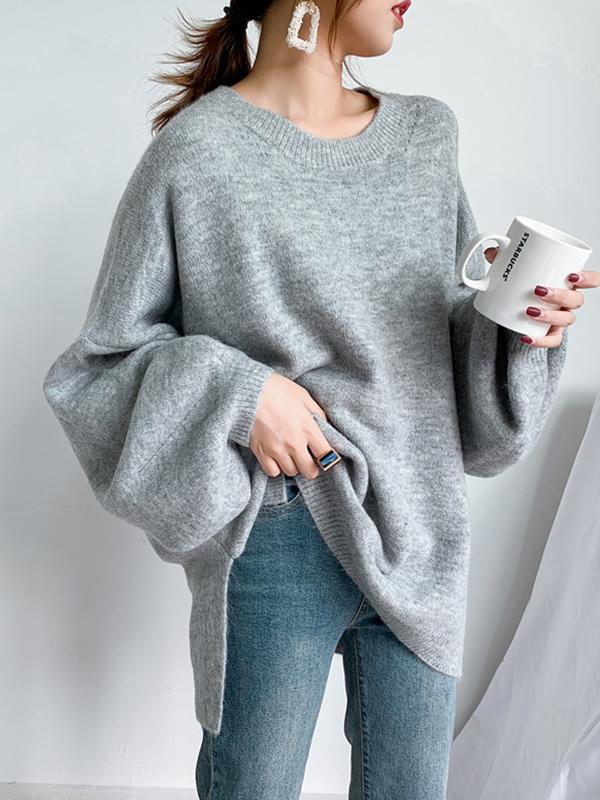 Stretch Mohair-Blend Balloon Sleeves Loose Solid Round-Neck Sweater Tops Product Image
