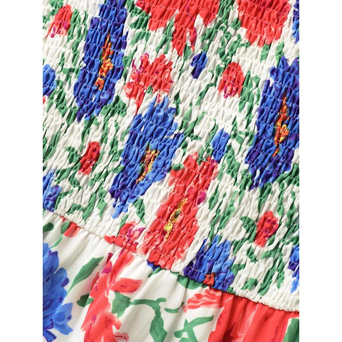 Plus Size Sunkissed Floral Shirred Pockets Midi Dress Multicolor Women Shirred Square Neck Short sleeve Curvy BloomChic 12/L Product Image