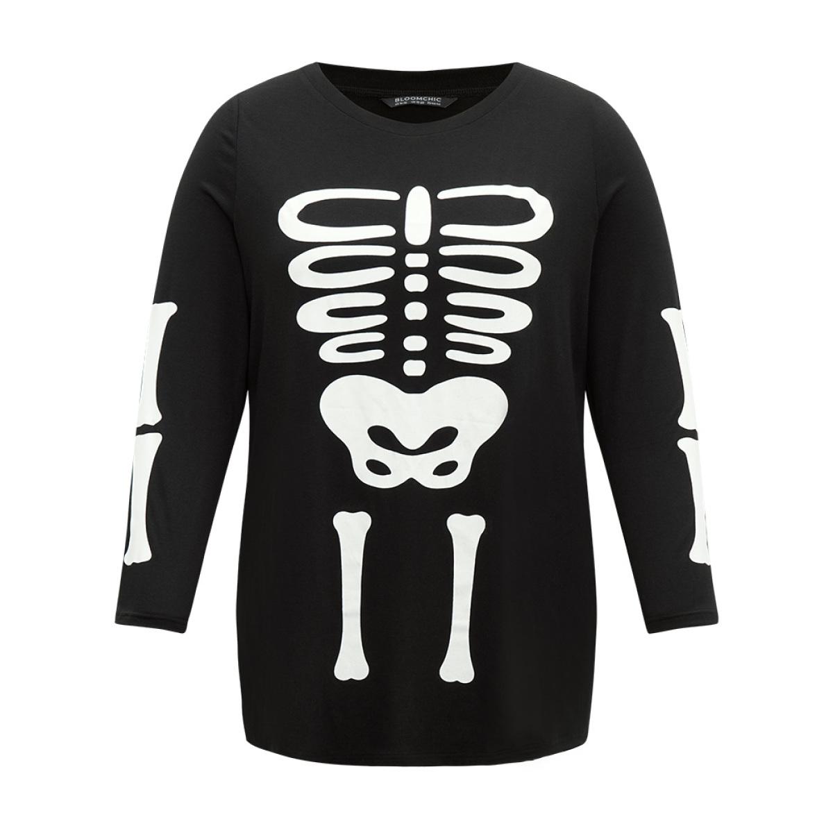 Plus Size Halloween Skull Print Crew Neck T-shirt Black Women Casual Printed Halloween Round Neck Festival-Halloween T-shirts BloomChic 10/M Product Image