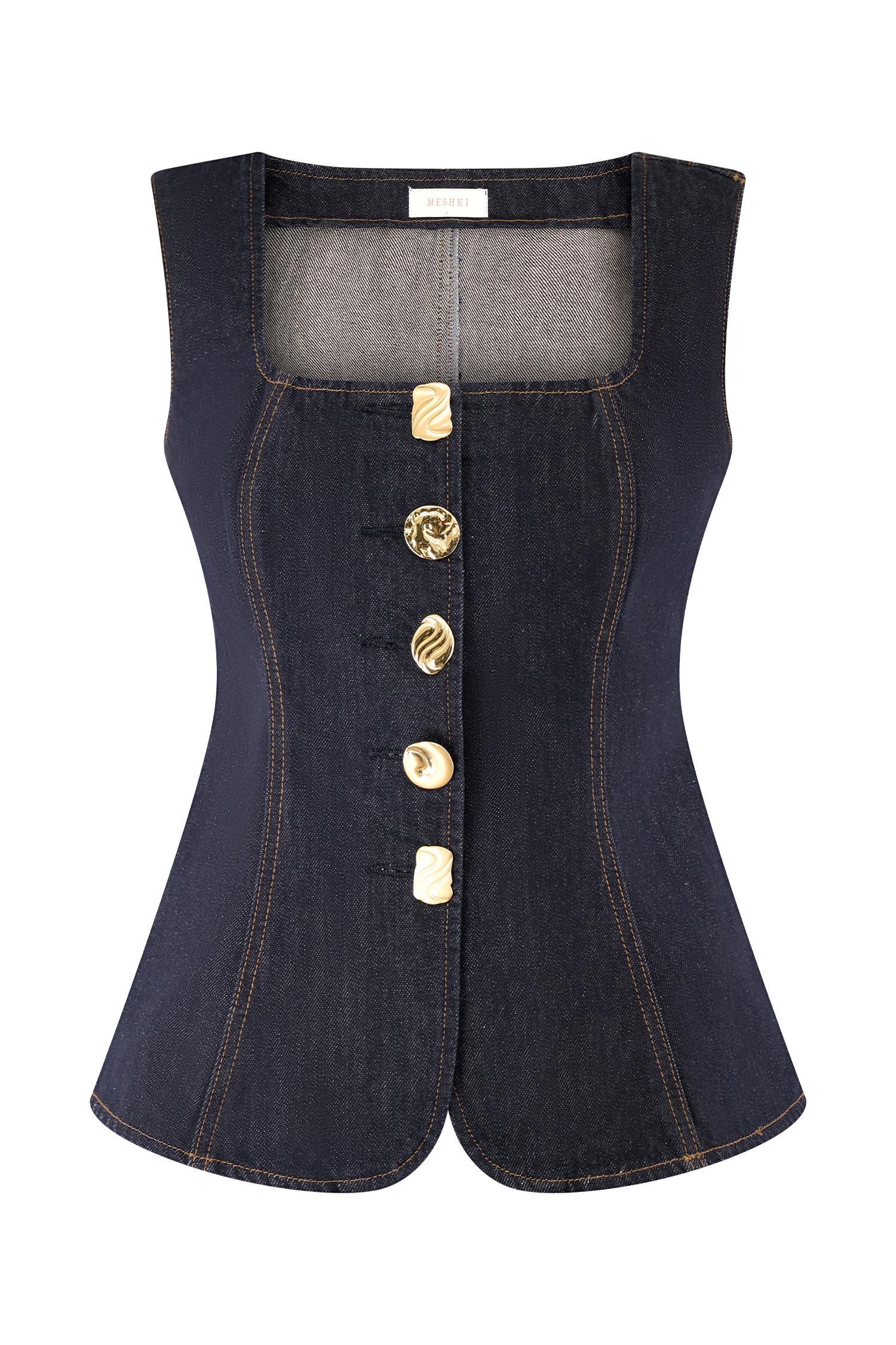 Neve Sleeveless Buttoned Denim Top - Washed Indigo Blue Product Image