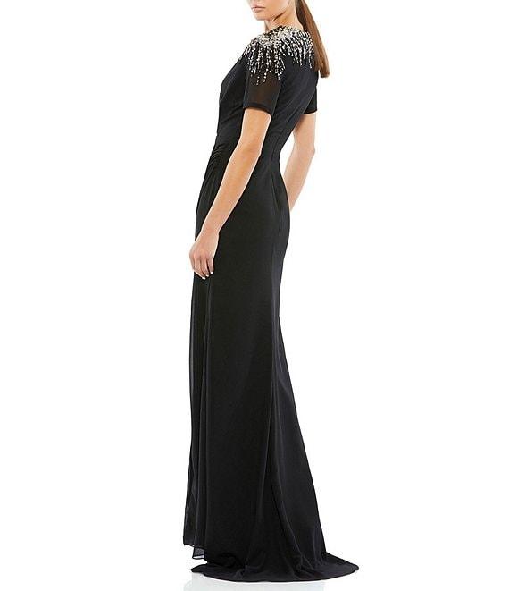 Mac Duggal Beaded V-Neck Short Sleeve Ruched Waist Faux Wrap Chiffon Gown Product Image