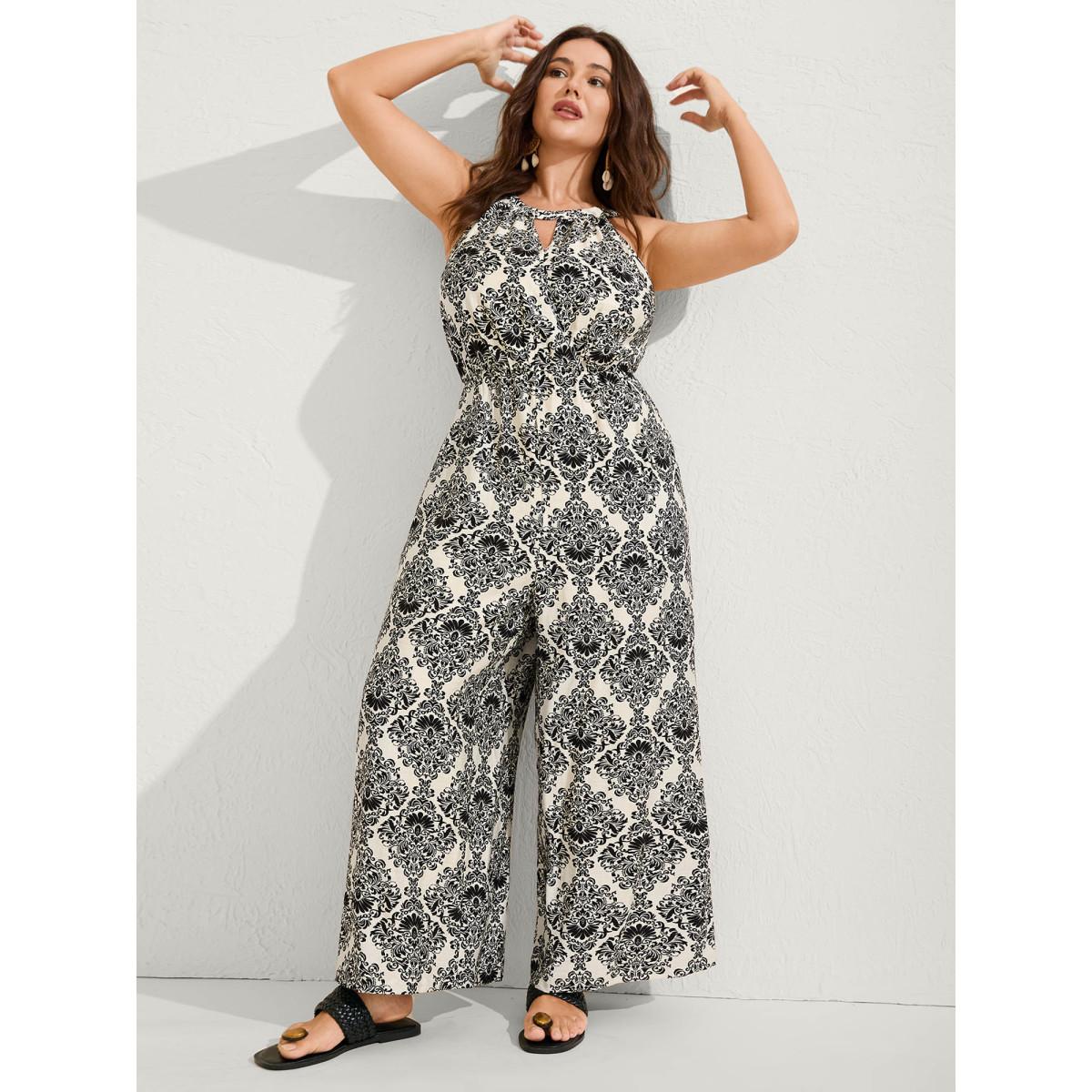 Plus Size Black Keyhole Neck Damask Wide-Leg Jumpsuit Women Sleeveless Round Neck Vacation Loose Jumpsuits BloomChic 30/6X Product Image