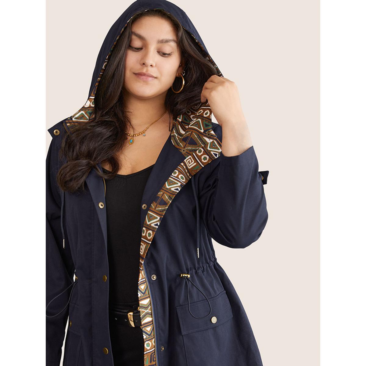 Plus Size Bandana Print Hooded Drawstring Snap Button Jacket Women Indigo Patchwork Pocket Everyday Jackets BloomChic 10/M Product Image