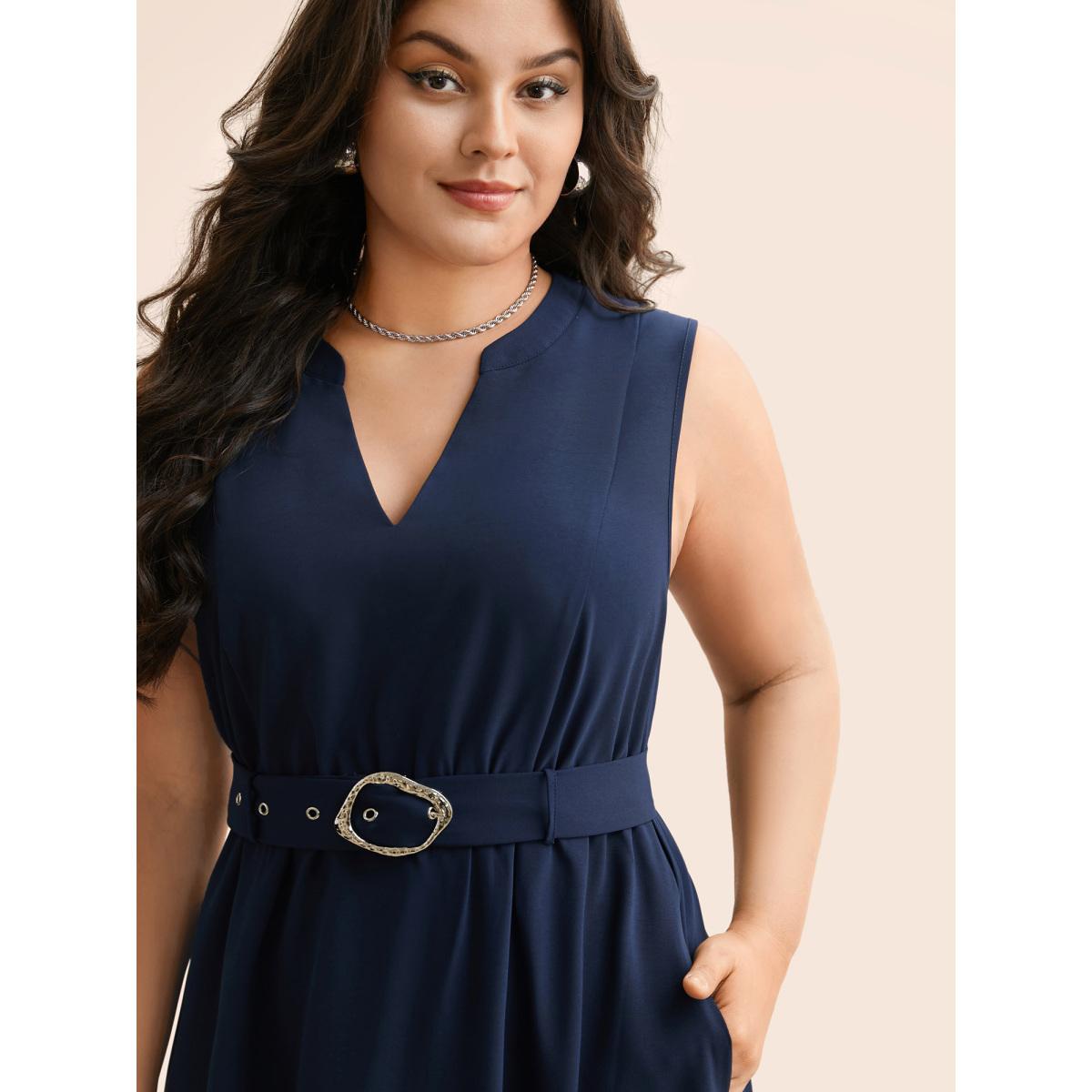 Plus Size Notched Collar Belted Tank Dress Indigo Women Workwear Essentials Belted Notched collar Sleeveless Curvy BloomChic 10/M Product Image