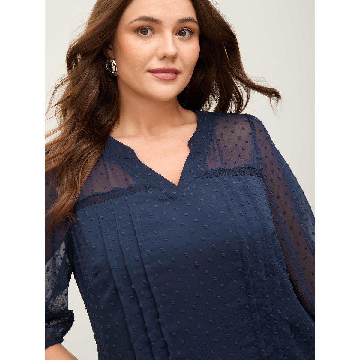 Plus Size Indigo Polka Dots Sheer Textured Blouse Women Office Elbow-length sleeve Notched collar Office Blouses BloomChic 12/L Product Image