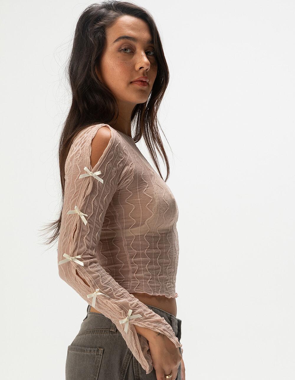 FULL TILT Textured Bow Womens Long Sleeve Top - IVORY Product Image