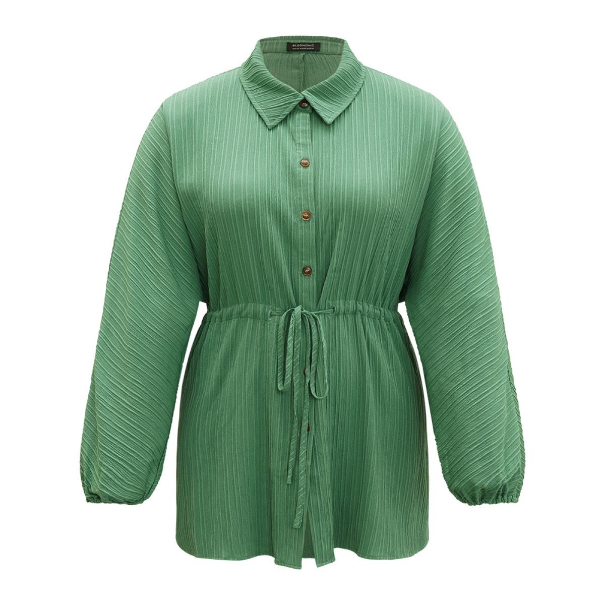 Plus Size Plain Shirt Collar Drawstring Button Through Lantern Sleeve Coat Women Emerald Casual Elastic cuffs Ladies Dailywear Winter Coats BloomChic 28/5X Product Image