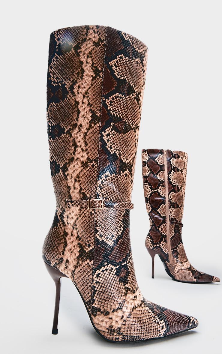 Snake PU Point Toe Knee High Stiletto Heeled Boots Product Image