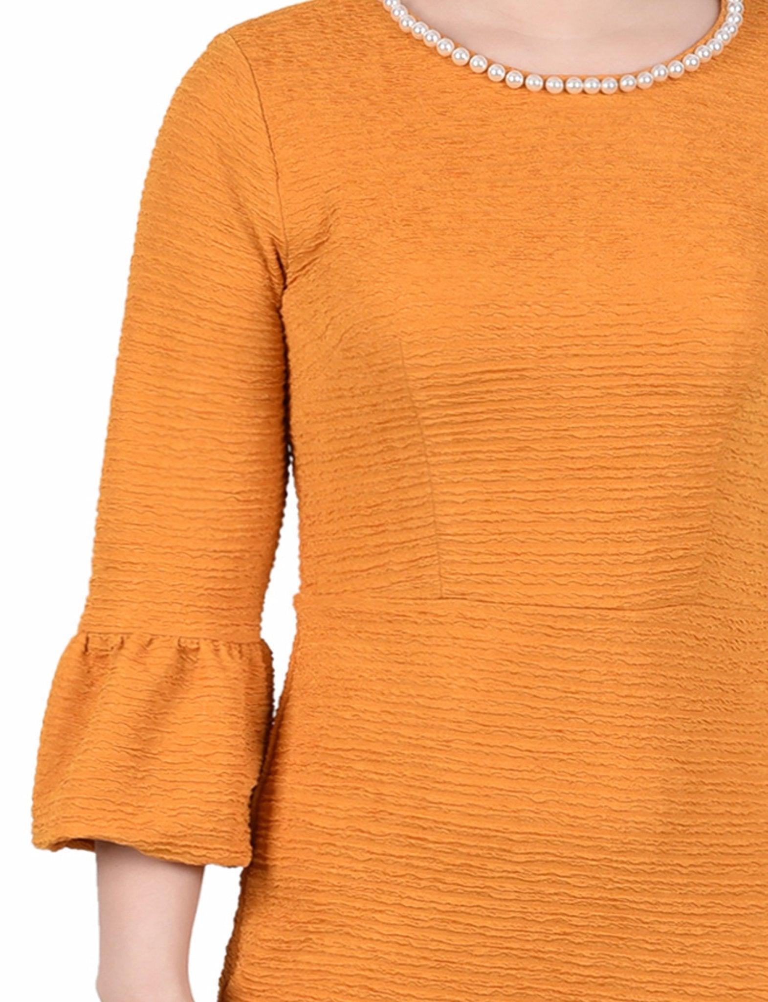 Mustard 3/4 Length Pearl Detail Dress Product Image