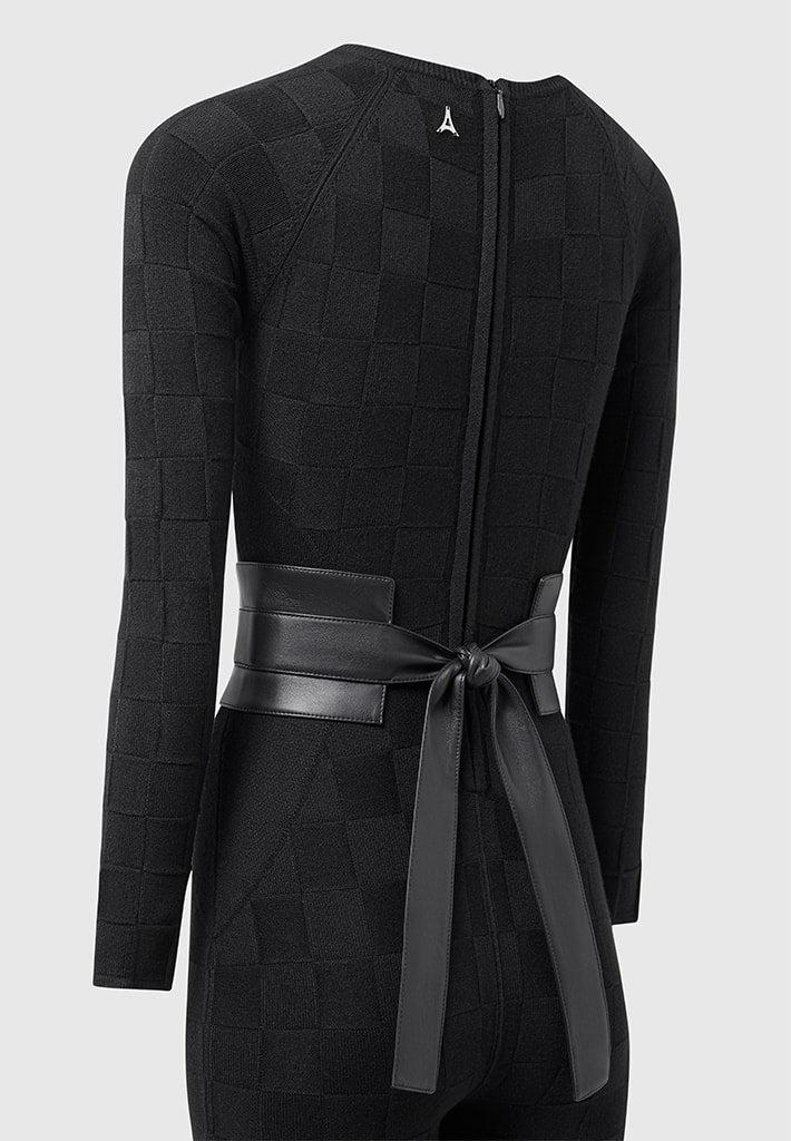 Chequerboard Knit Jumpsuit with Belt - Black Female Product Image