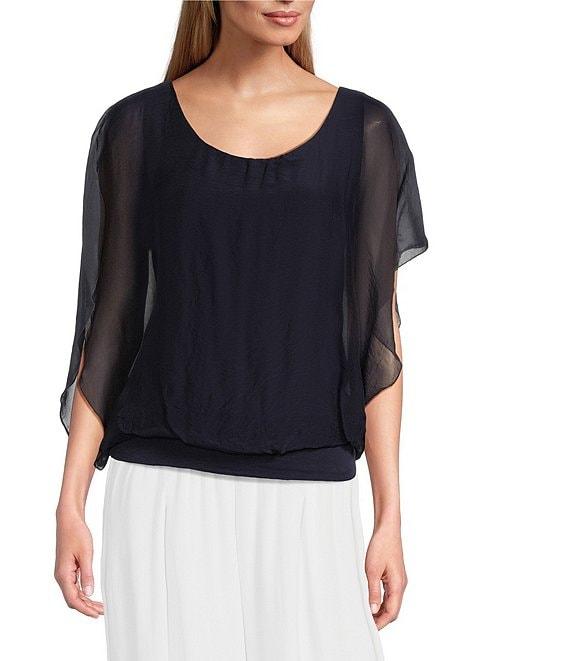 M Made in Italy Silky Crew Neck Short Sleeve Banded Hem Poncho Top Product Image