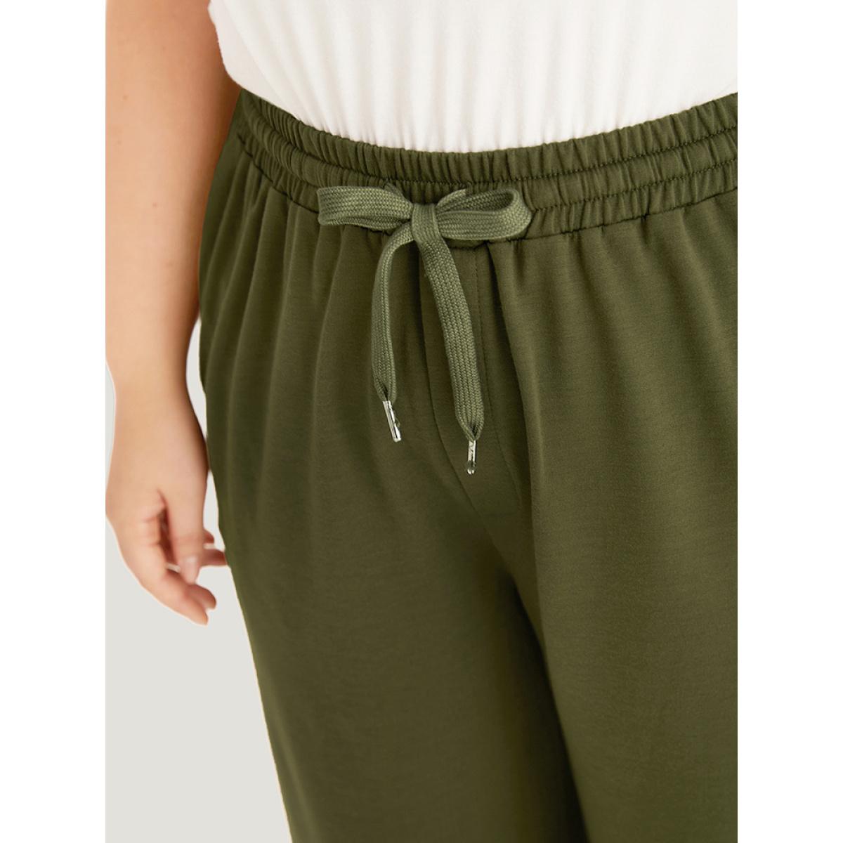 Plain Pocket Elastic Waist Button Detail Drawstring Sweatpants ArmyGreen Plus Size Women Casual Dailywear Plain 22-24/3X Bloomchic Product Image