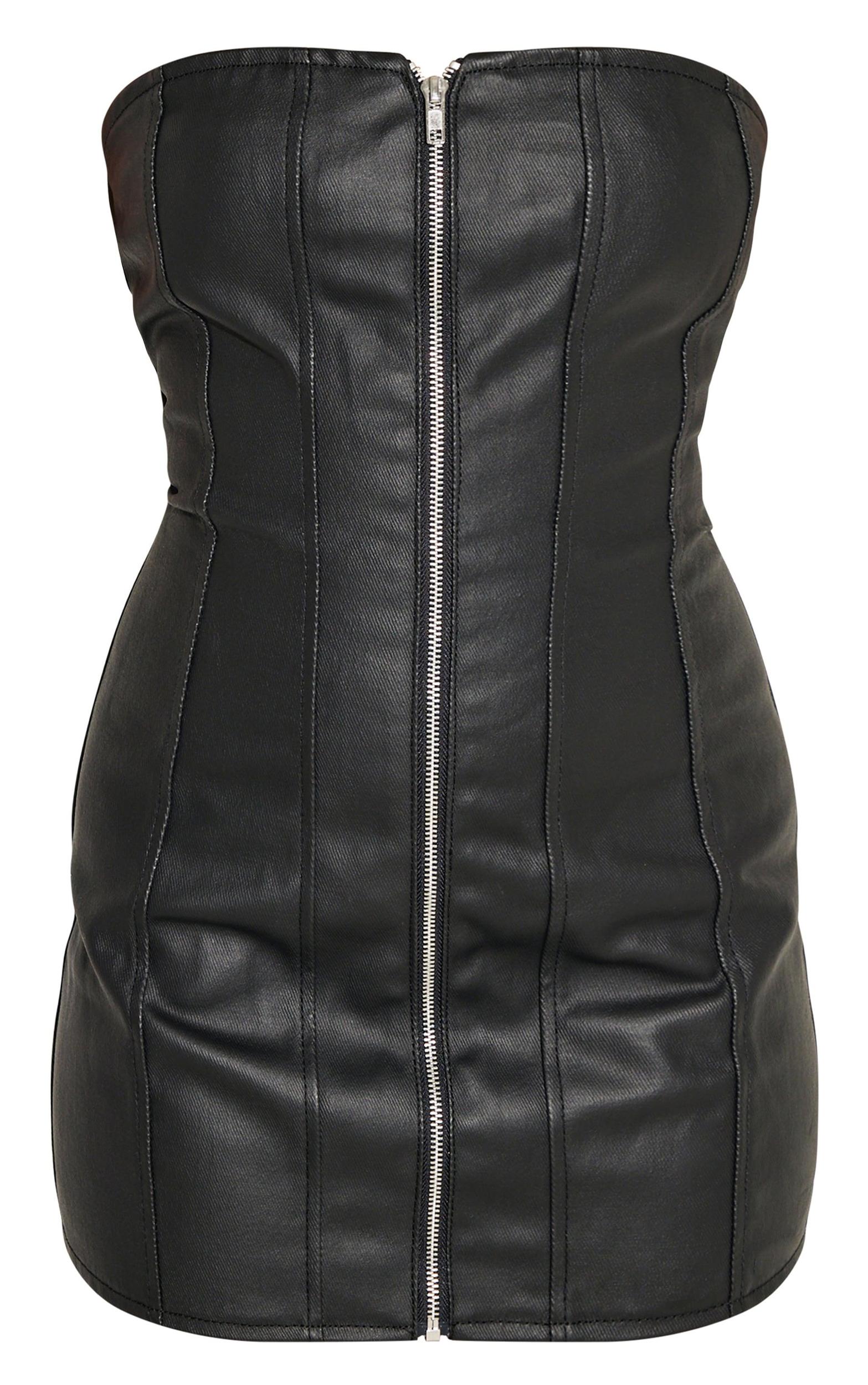 Black Coated Denim Exposed Seam Zip Up Bandeau Dress Product Image