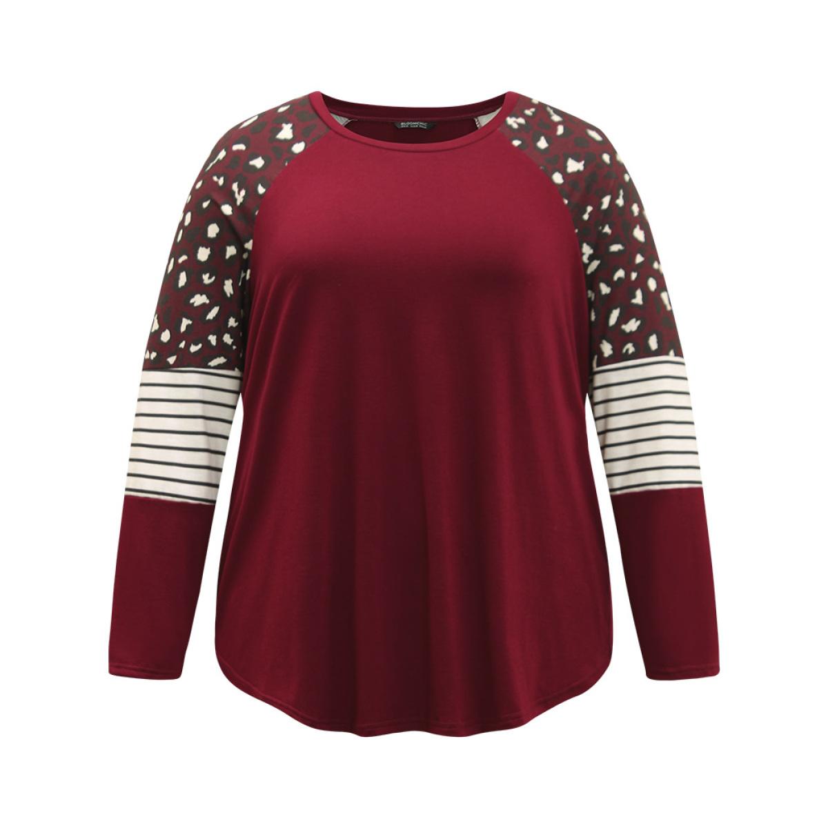 Plus Size Leopard Striped Patchwork Raglan Sleeve T-shirt Burgundy Women Casual Contrast Leopard Round Neck Dailywear T-shirts BloomChic 26/4X Product Image