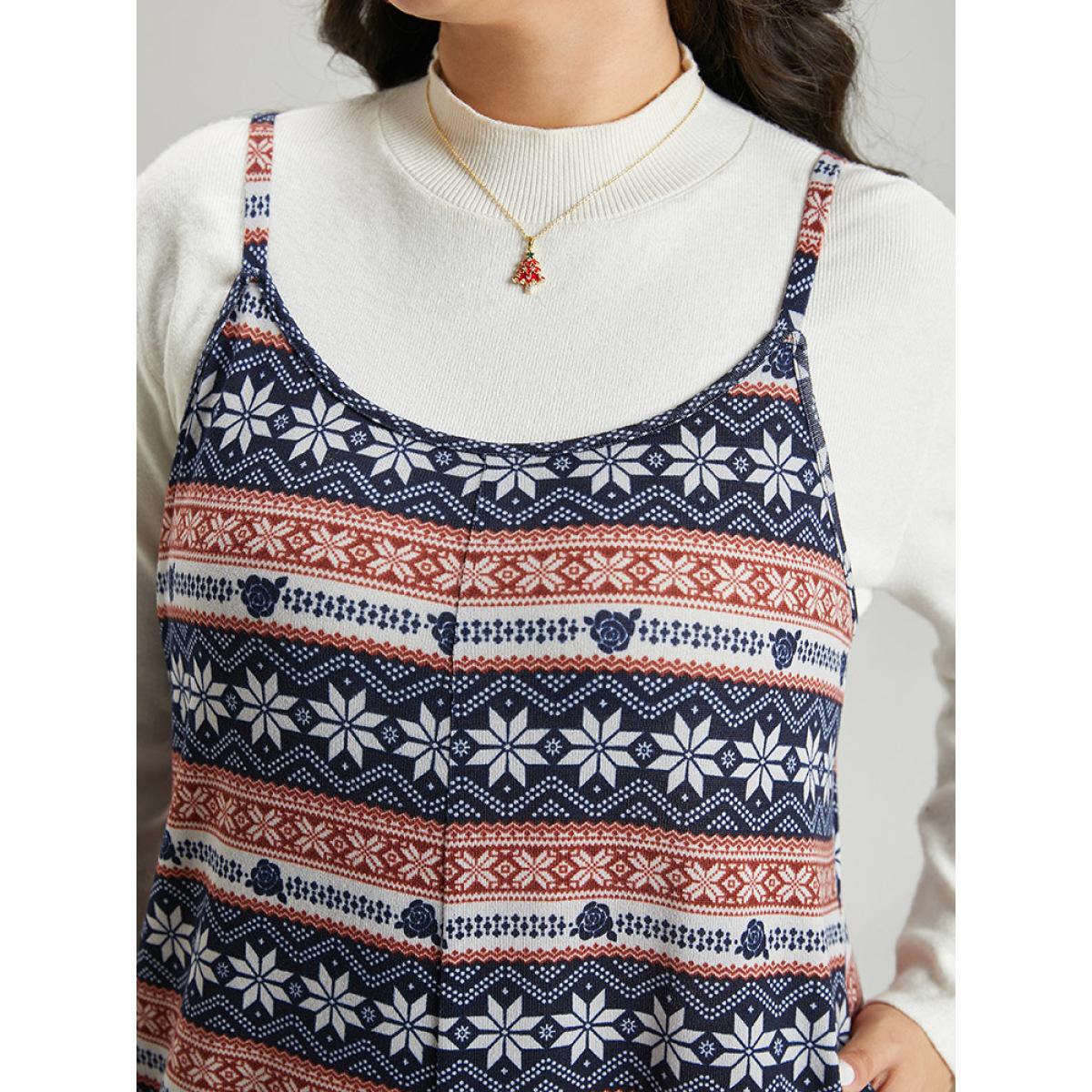 Plus Size DarkBlue Snowflake Graphic Pocket Overall Cami Jumpsuit Women Elegant Sleeveless Spaghetti Strap Dailywear Loose Jumpsuits BloomChic 10/M Product Image