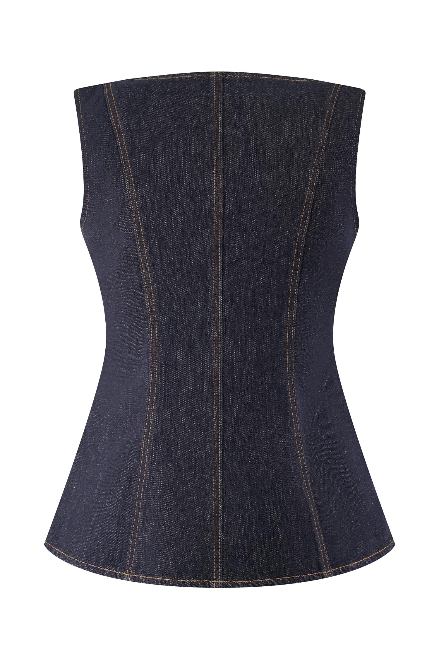 Neve Sleeveless Buttoned Denim Top - Washed Indigo Blue Product Image