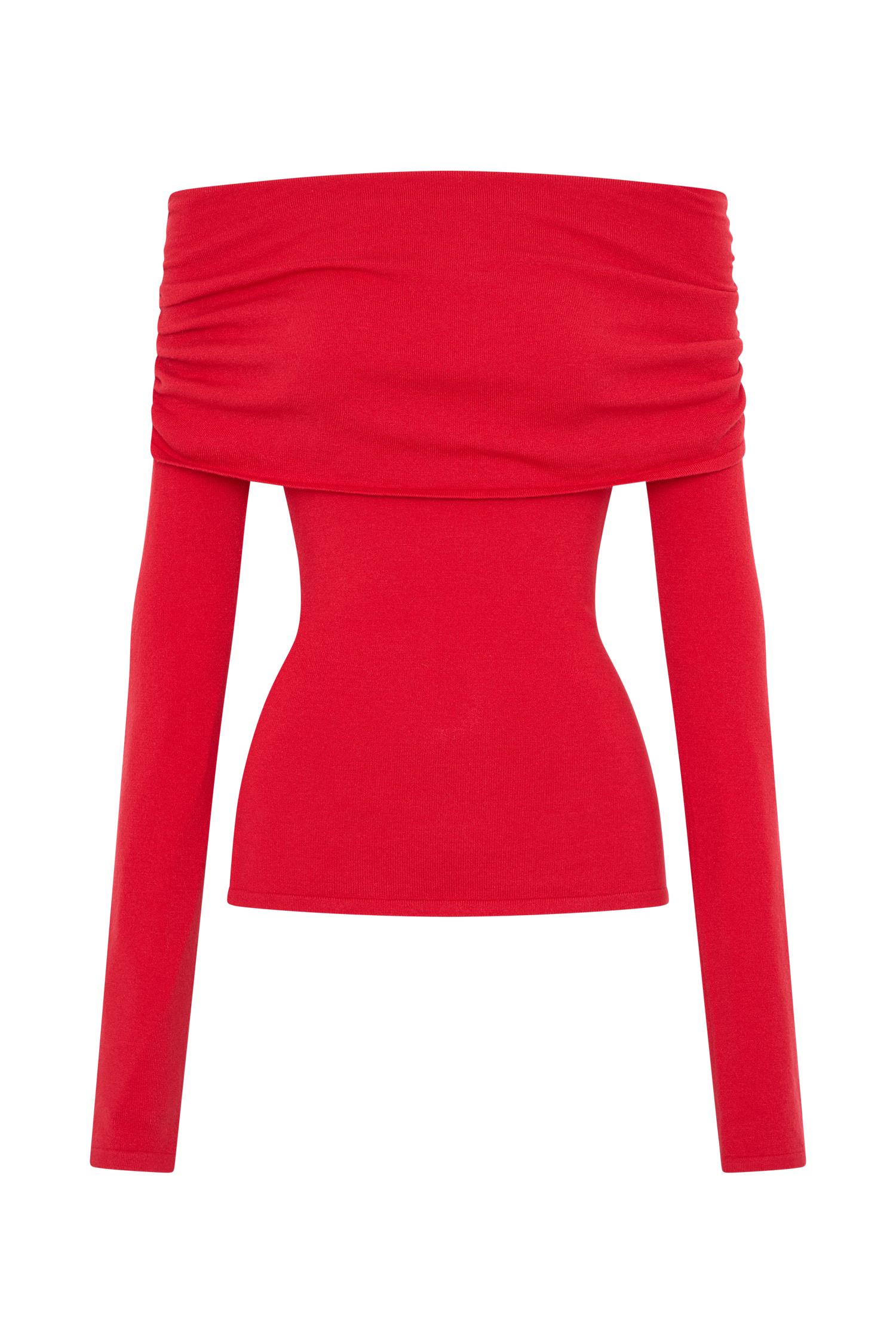 Polly Off Shoulder Long Sleeve Knit Top - Red Product Image