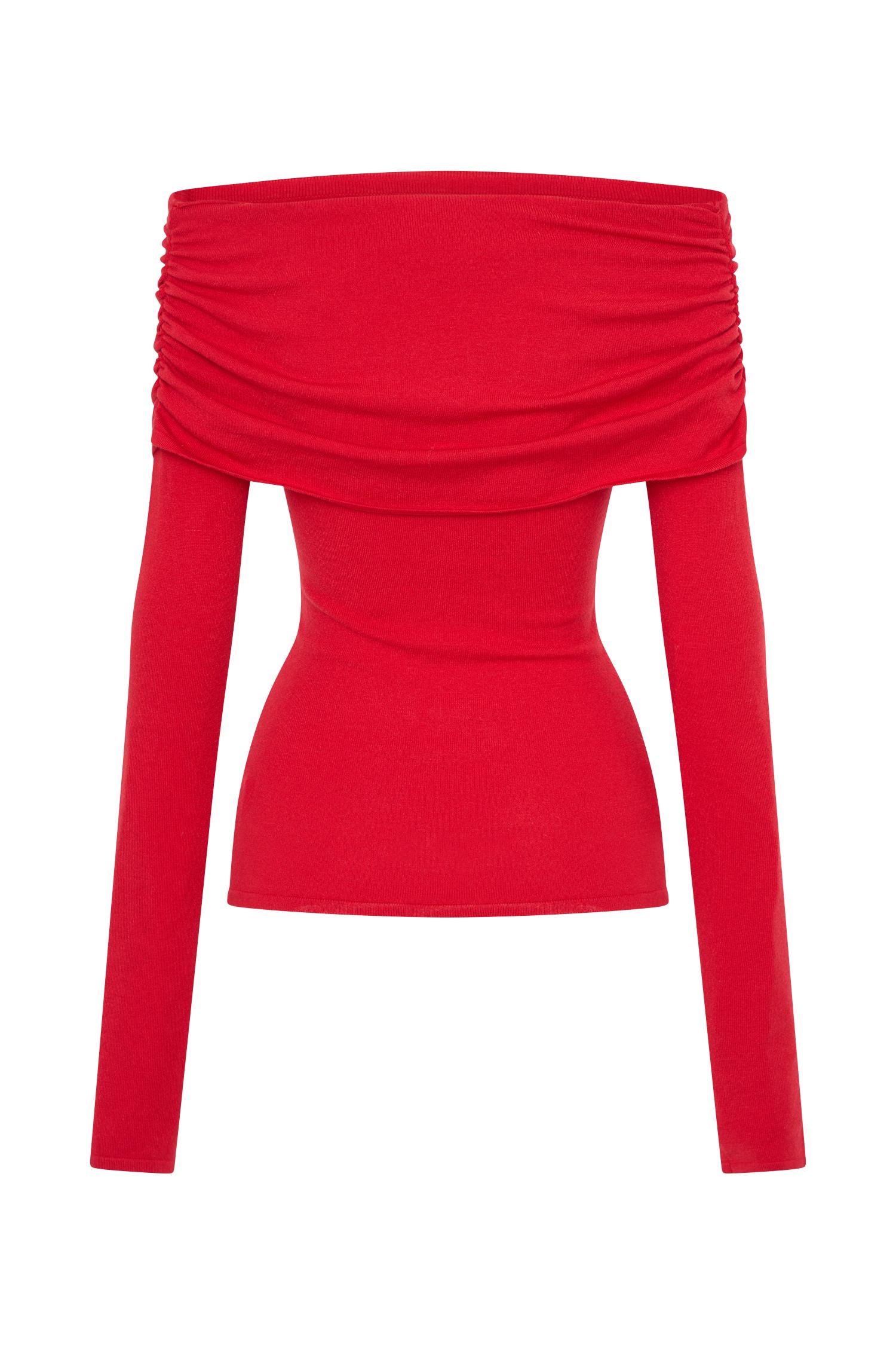 Polly Off Shoulder Long Sleeve Knit Top - Red Product Image