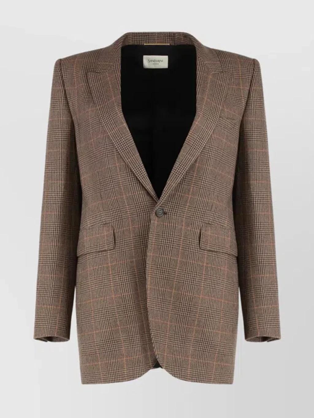 SAINT LAURENT Single-breasted Slim Houndstooth Plaid Blazer In Brown Product Image