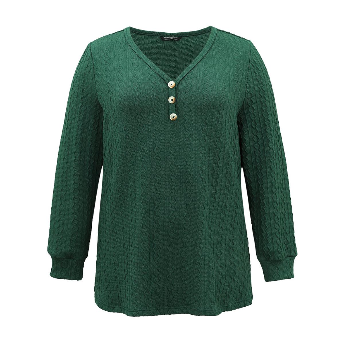 Plus Size Textured Plain Button Up V Neck Sweatshirt Women Green Casual Texture V-neck Dailywear Sweatshirts BloomChic 22-24/3X Product Image