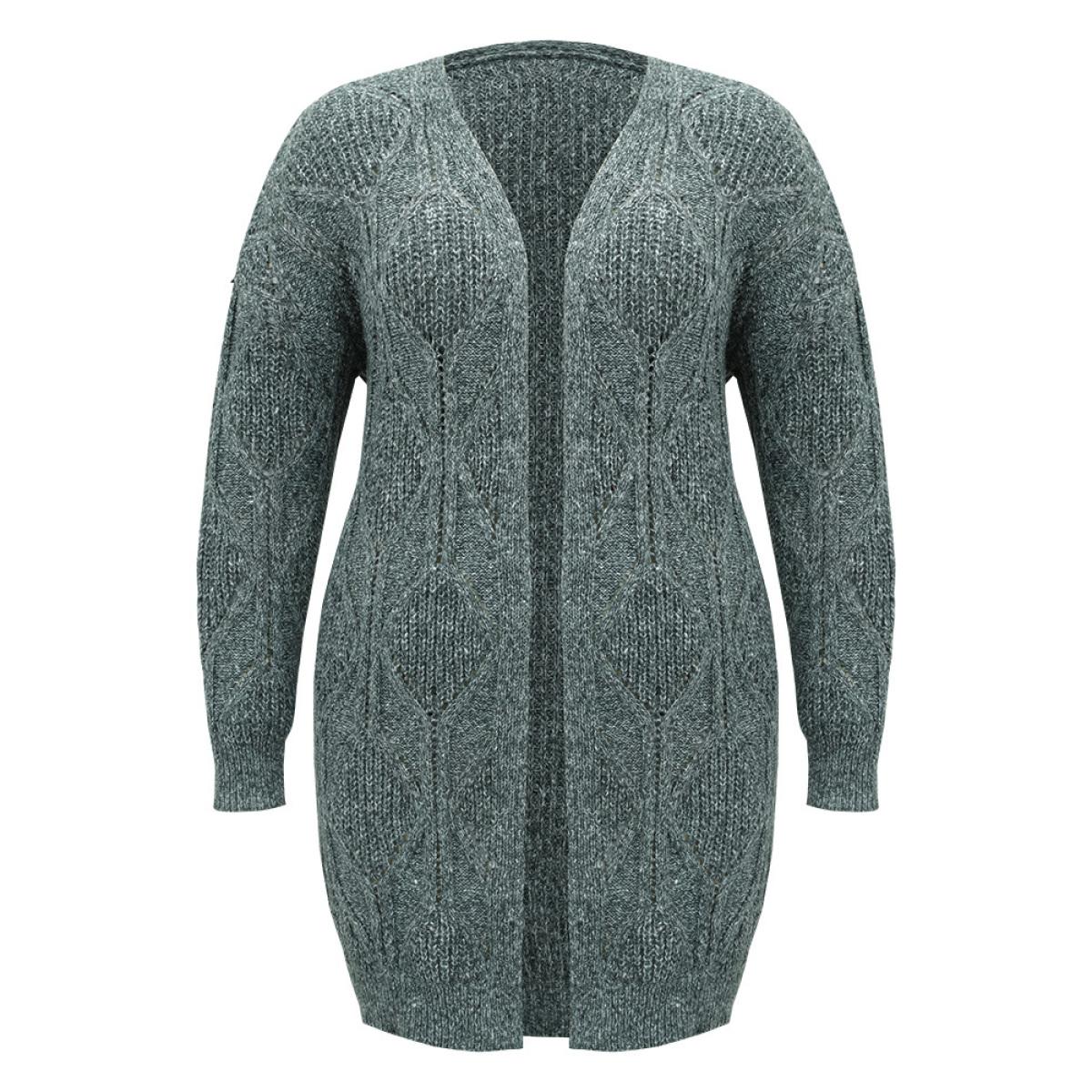 Plus Size Plain Cable Knit Drop Shoulder Cardigan DarkGreen Women Casual Loose Long Sleeve Dailywear Cardigans BloomChic 10/M Product Image